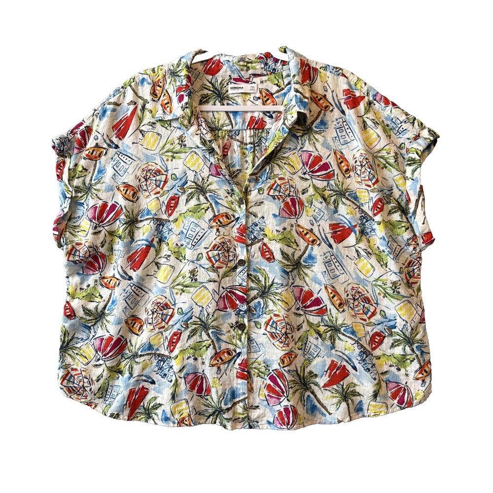 Sonoma Womens PXL Linen Blend Beach Shirt Palm Trees Cabana Coastal Beach Resort